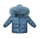 Blue puffer winter jacket with large fur-lined hood and front zip pockets
