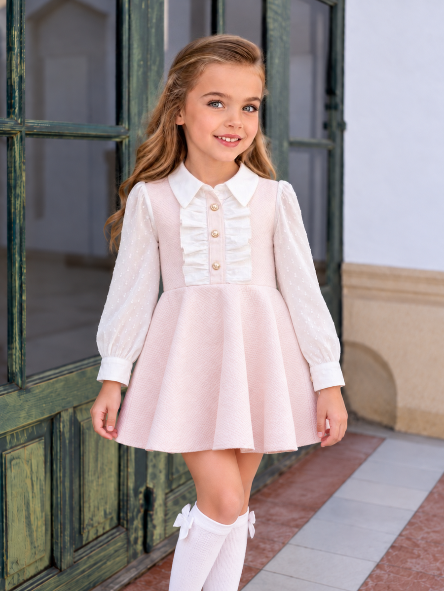 AW26 Lor Miral Girls Pink Spanish Pique Classic Dress with collar and button details, available in sizes 3-8 years.
