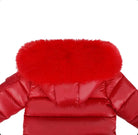 Red puffer jacket with a large fluffy red fur hood, winter outdoor coat