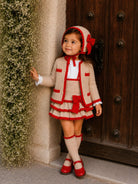 AW26 Rahigo Baby Girls Camel & Red Cardigan,Pinafore,Shirt,Bonnet & Socks Rahigo Moda Infantil