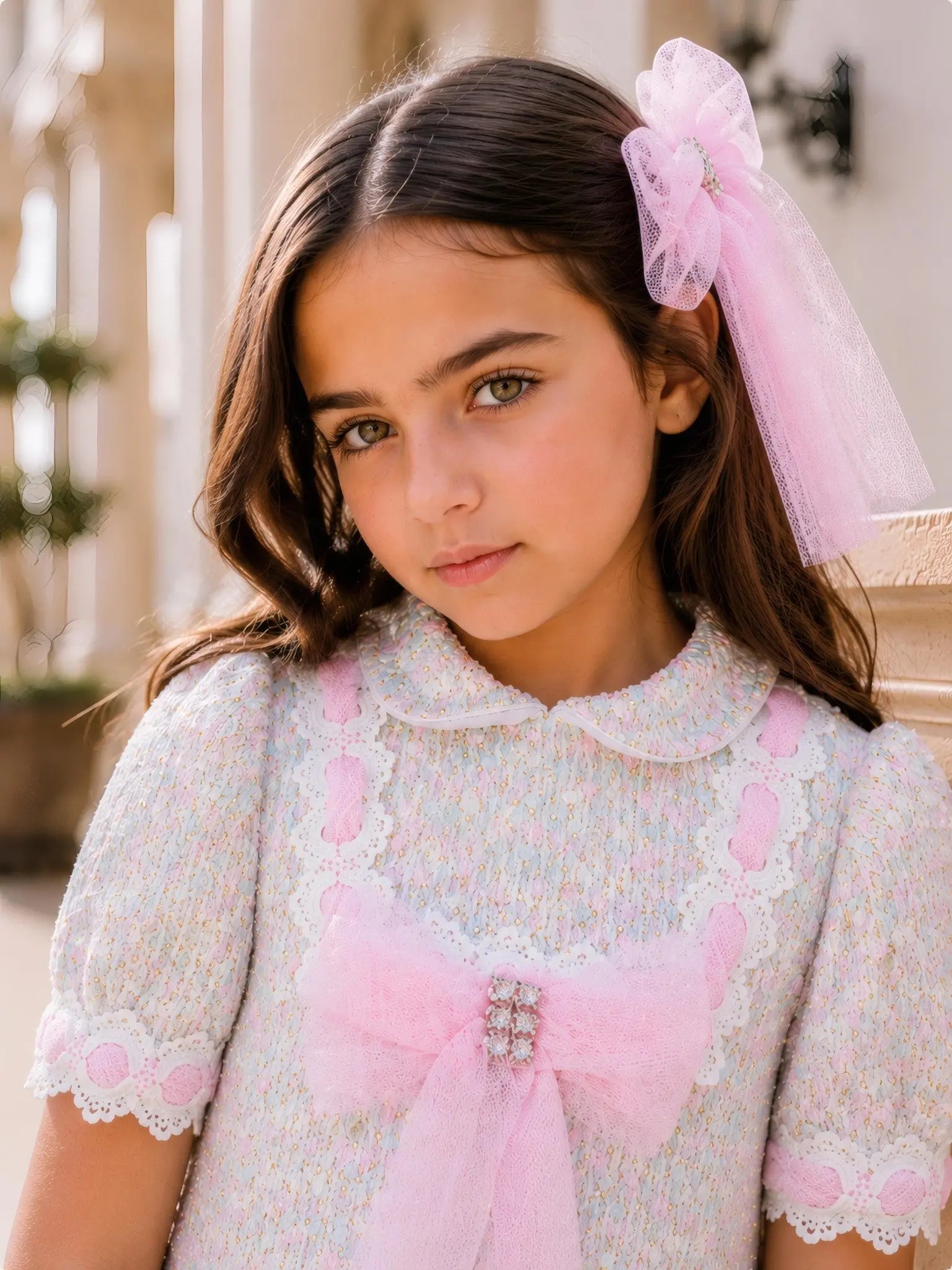 AW26 Naxos Pink Tweed Tulle Girls Hair Bow Naxos