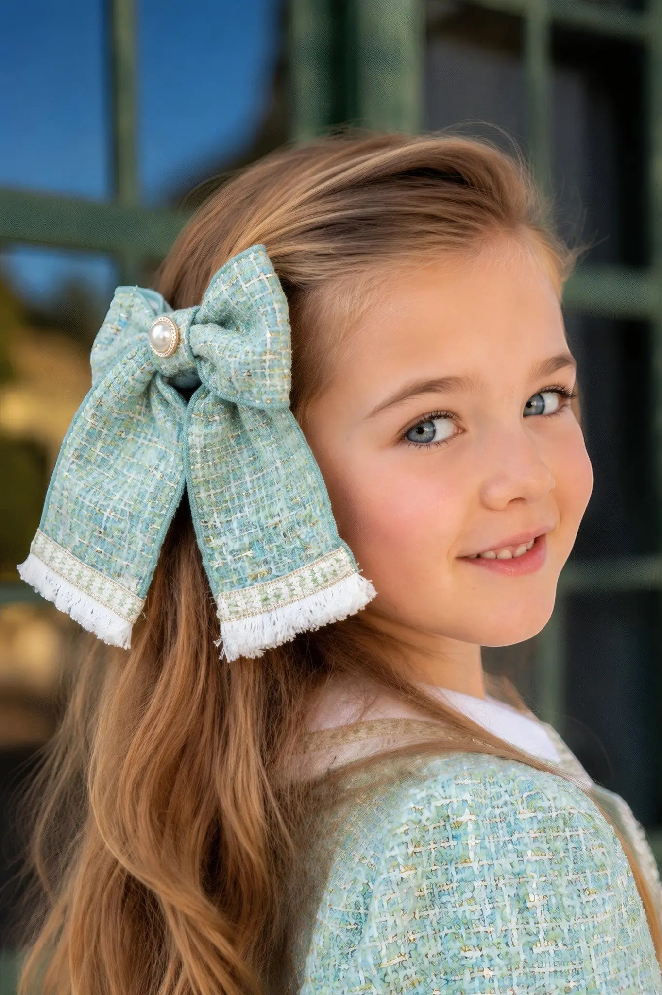 AW26 Naxos Emerald Tweed Girls Hair Bow Naxos