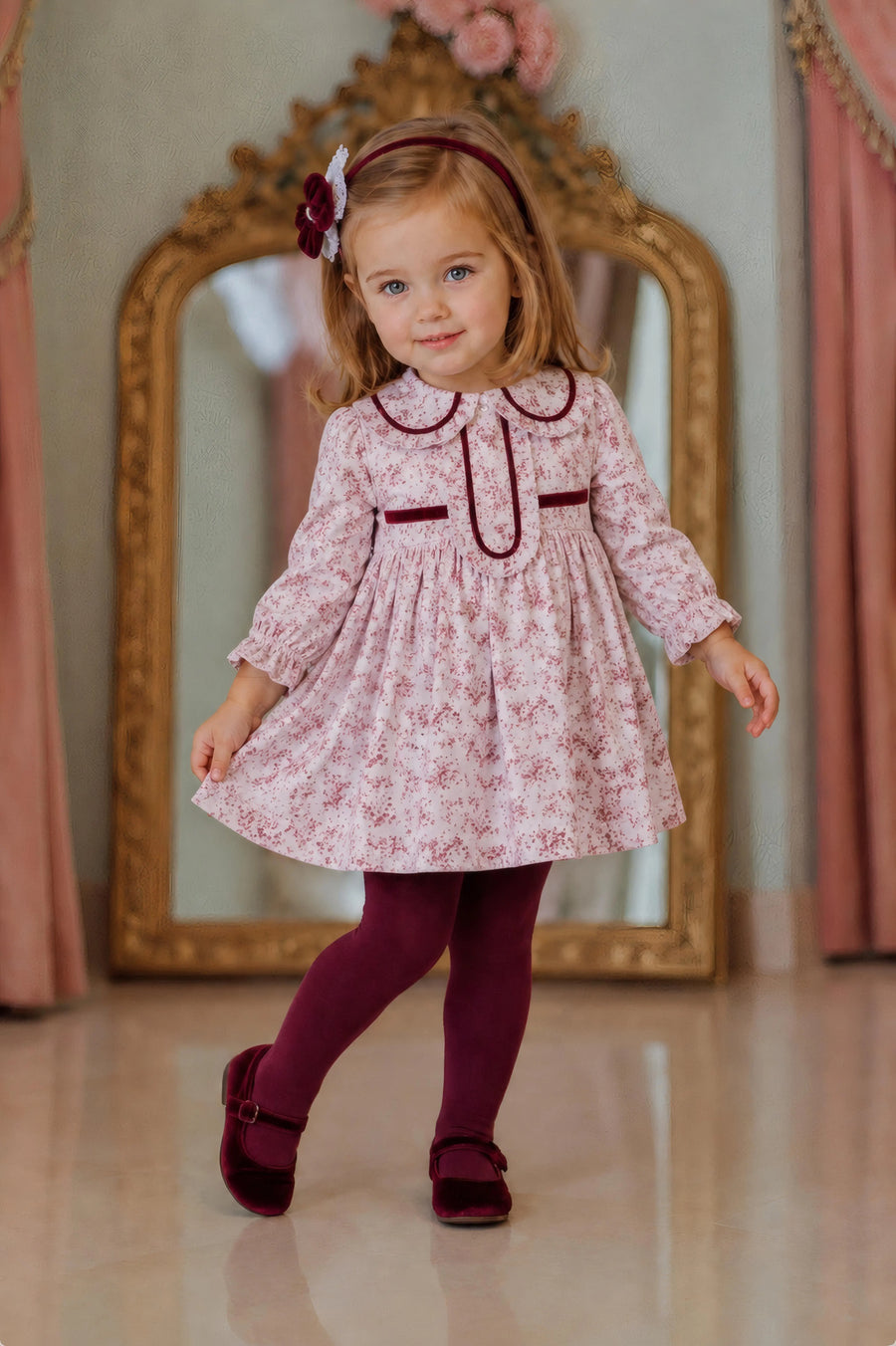 AW26 Miranda Baby Girls Pink Floral Dress with pink floral print, Peter Pan collar, and burgundy velvet trim. Available in 12, 18, 24, and 30 months.