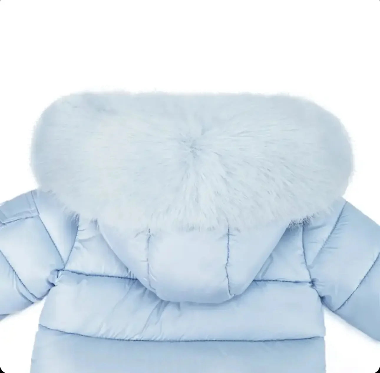 Light blue puffer jacket with large fluffy fur-trimmed hood for winter wear