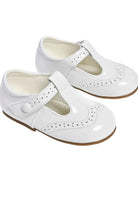 White patent leather baby Mary Jane shoes with perforated detailing and brown soles