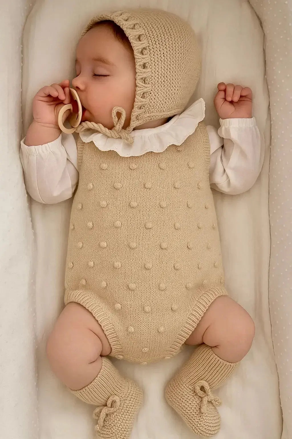 Sleeping baby in beige knitted outfit with bonnet, ruffled collar, and booties using pacifier