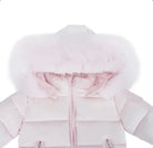 Light pink puffer jacket with fluffy fur hood and front zipper closure