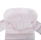 Back view of light pink padded winter jacket with fluffy faux fur hood trim