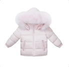 Light pink padded winter jacket with fluffy hood and front zippered pockets