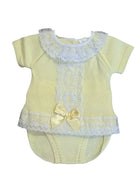 Baby girls lemon yellow knitted lace romper with white floral lace and satin bow