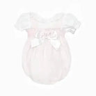 White and pink baby girls summer romper with puff sleeves and large satin bow