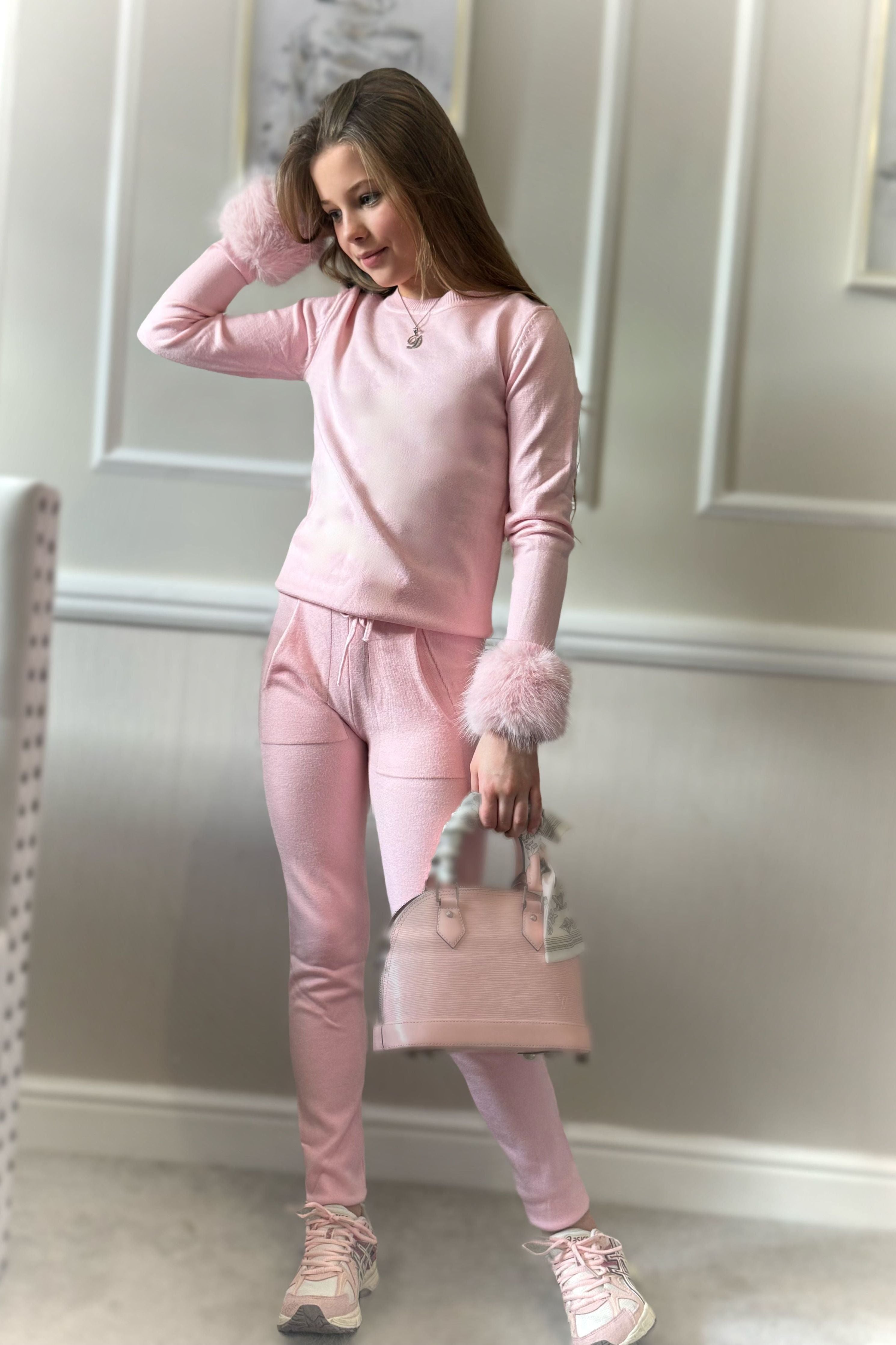 Girls Pink Fur Cuff Knitted Loungewear Set