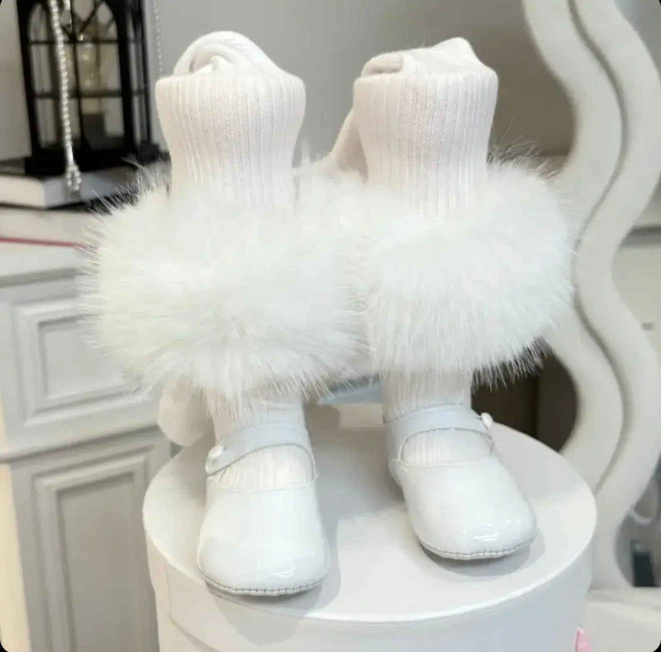 Baby Girls White Tights With White Fur Removable Cuffs Dainty Delilah