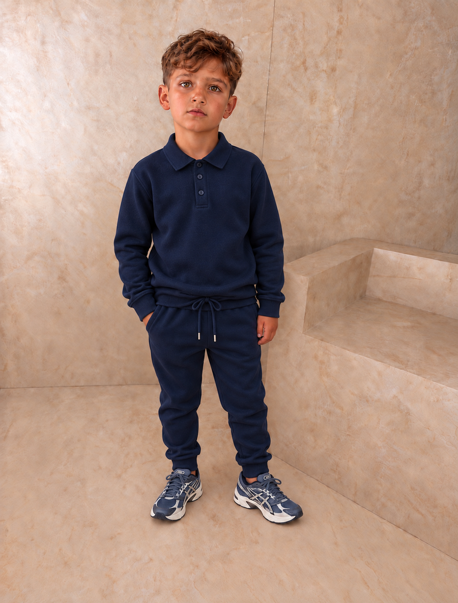 AW26 Boys Navy Polo Top Plain Cotton Tracksuit