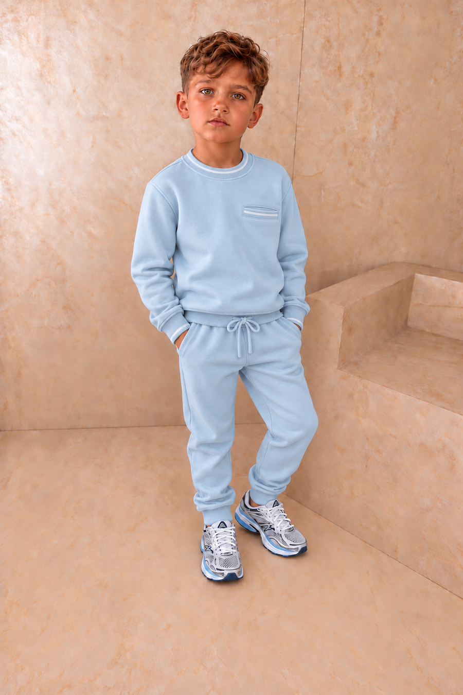 AW26 Boys Blue Round Neck Cotton Tracksuit