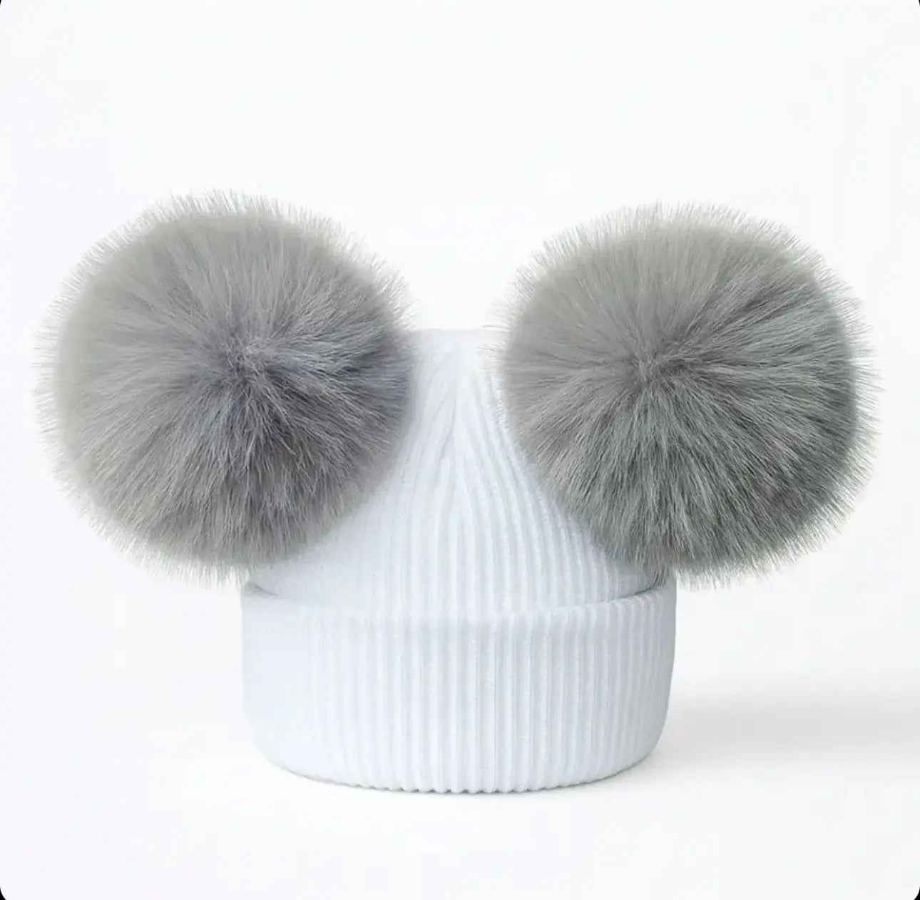 Grey Double Pompom Fur Unisex Hat Dainty Delilah