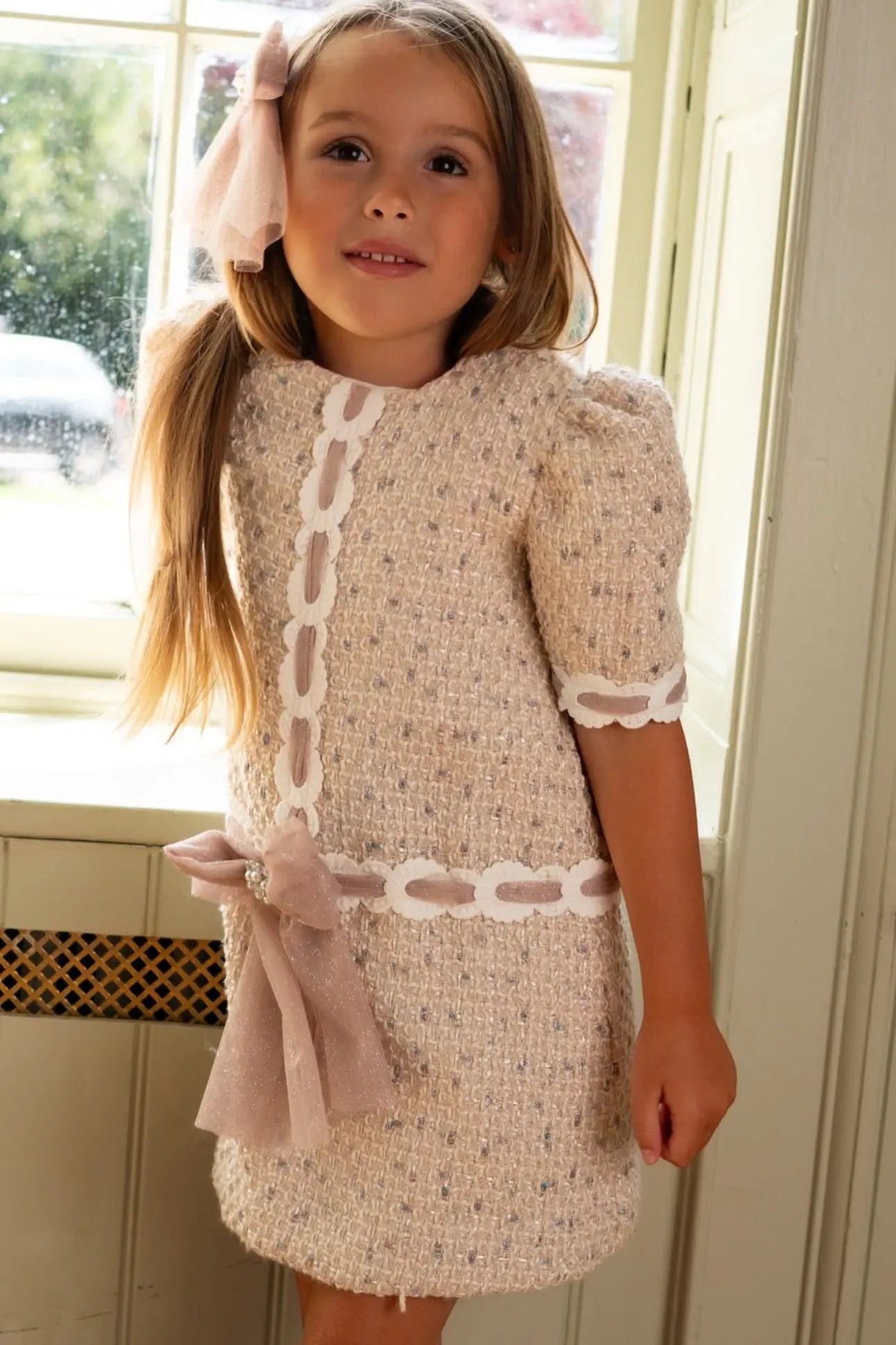 AW25 Naxos Girls Beige Glitter Tweed Dress Naxos