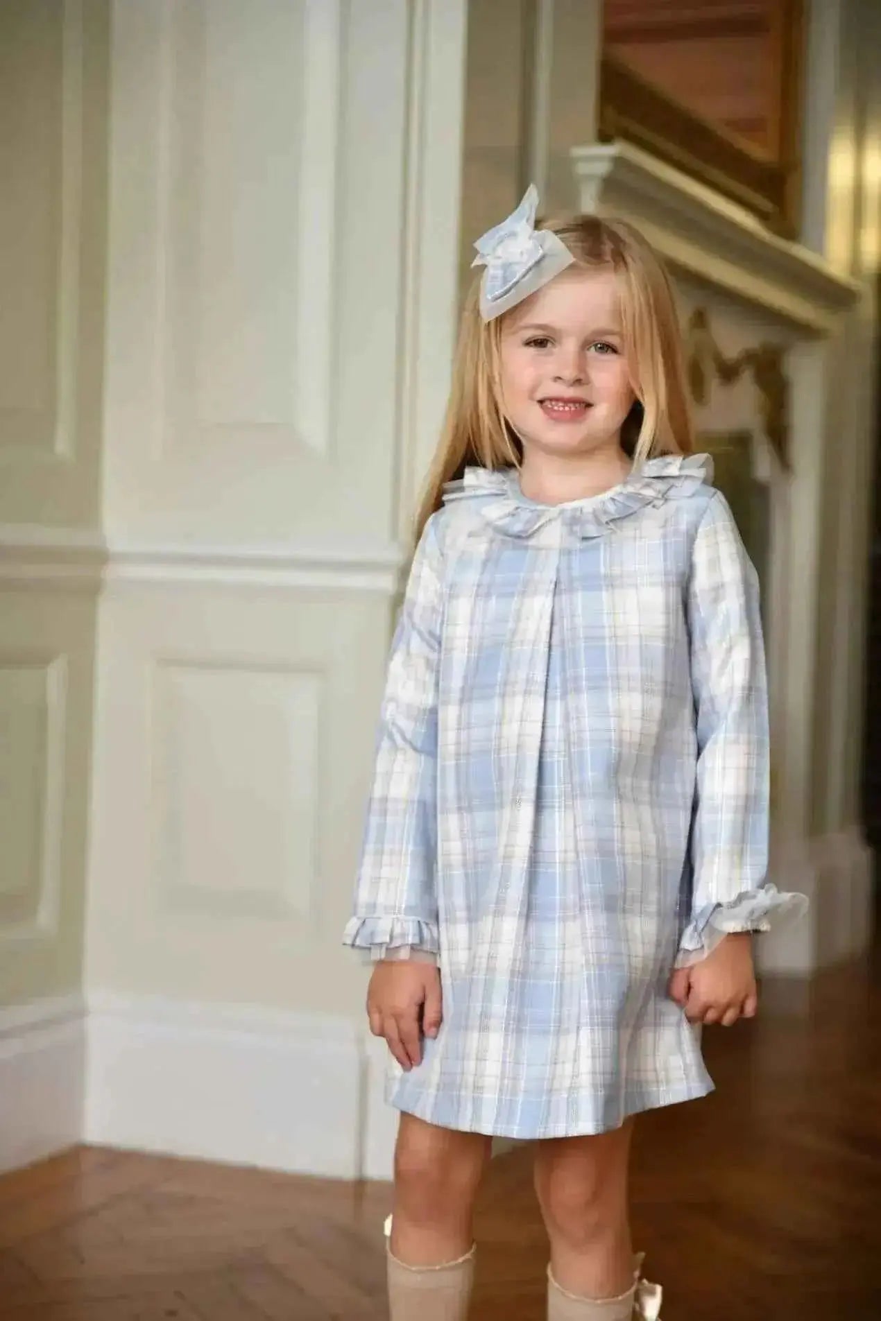 AW25 Babine Girls Silver Glitter Check Dress Babine