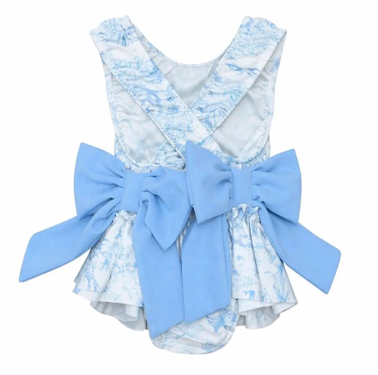 Girls Summer Blue Toile Frilly Bow Swimming Costume Dainty Delilah