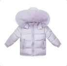 Light purple padded winter jacket with large fluffy fur hood and front zippered pockets