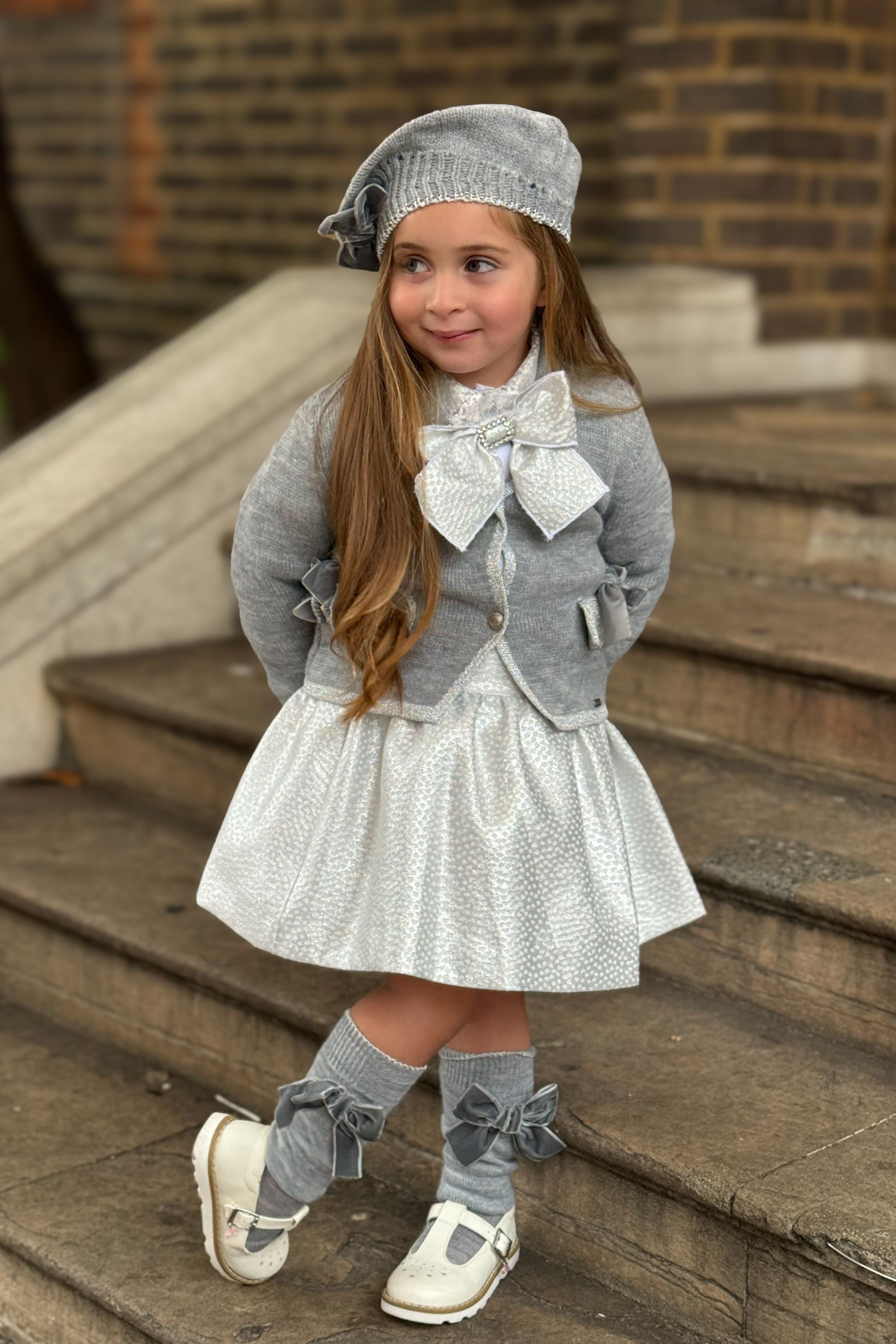 AW24 Naxos Girls Silver Croc Skirt Set with Knitted Blazer, Hat & Socks