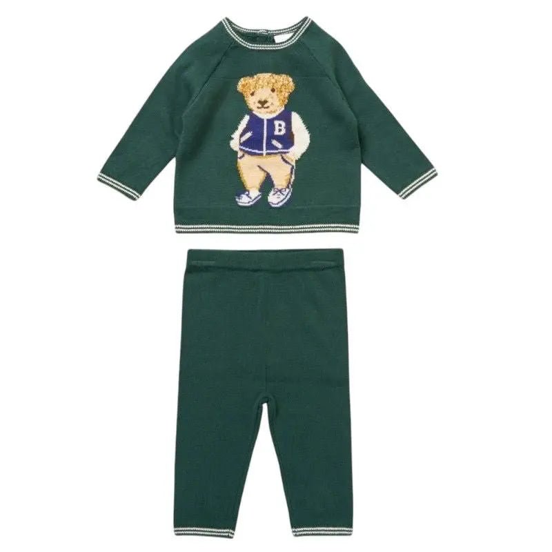AW25 Boys Green Teddy Bear Knitted Tracksuit Dainty Delilah