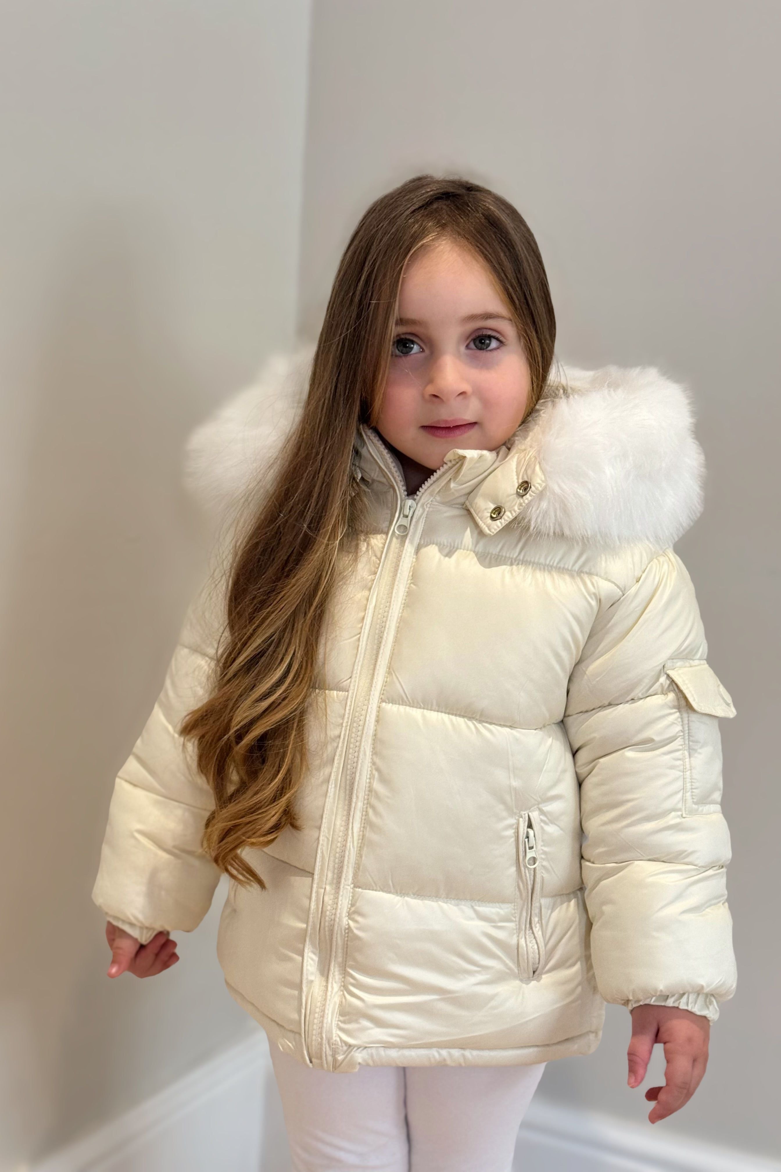 Unisex Cream Fur Hood Coat