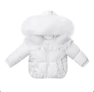 White children's winter puffer jacket with fluffy hood trim and ruffle details