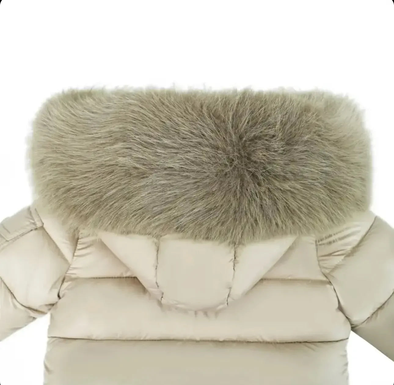 Beige puffer jacket with large fluffy fur hood trim in light brown