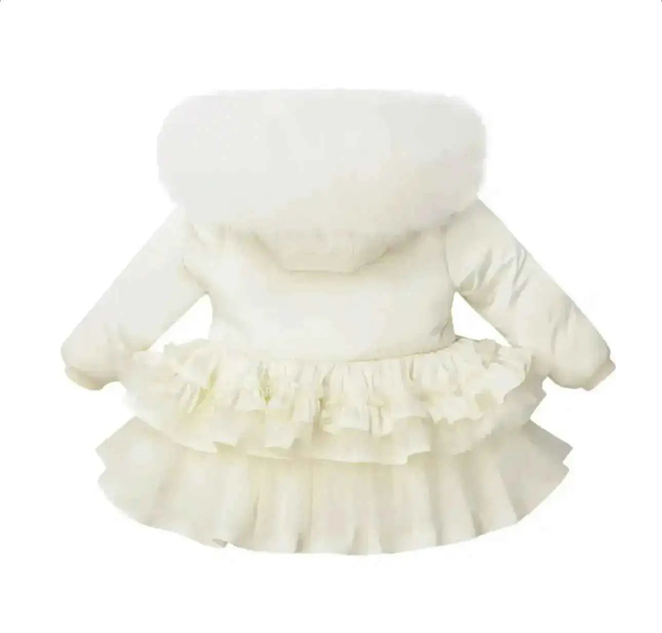 Cream Crystal Tulle Fur Hood Coat