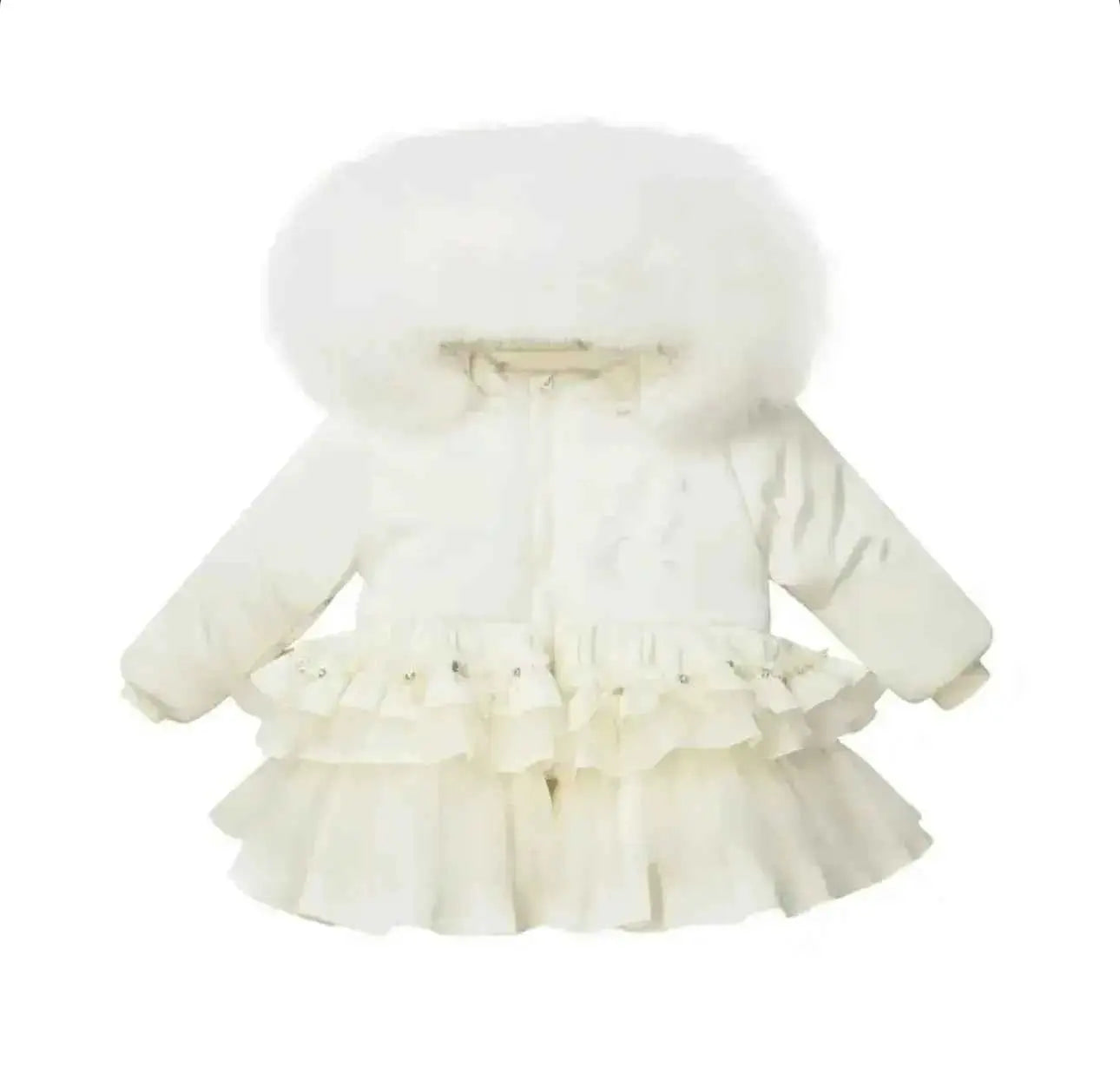 Cream Crystal Tulle Fur Hood Coat