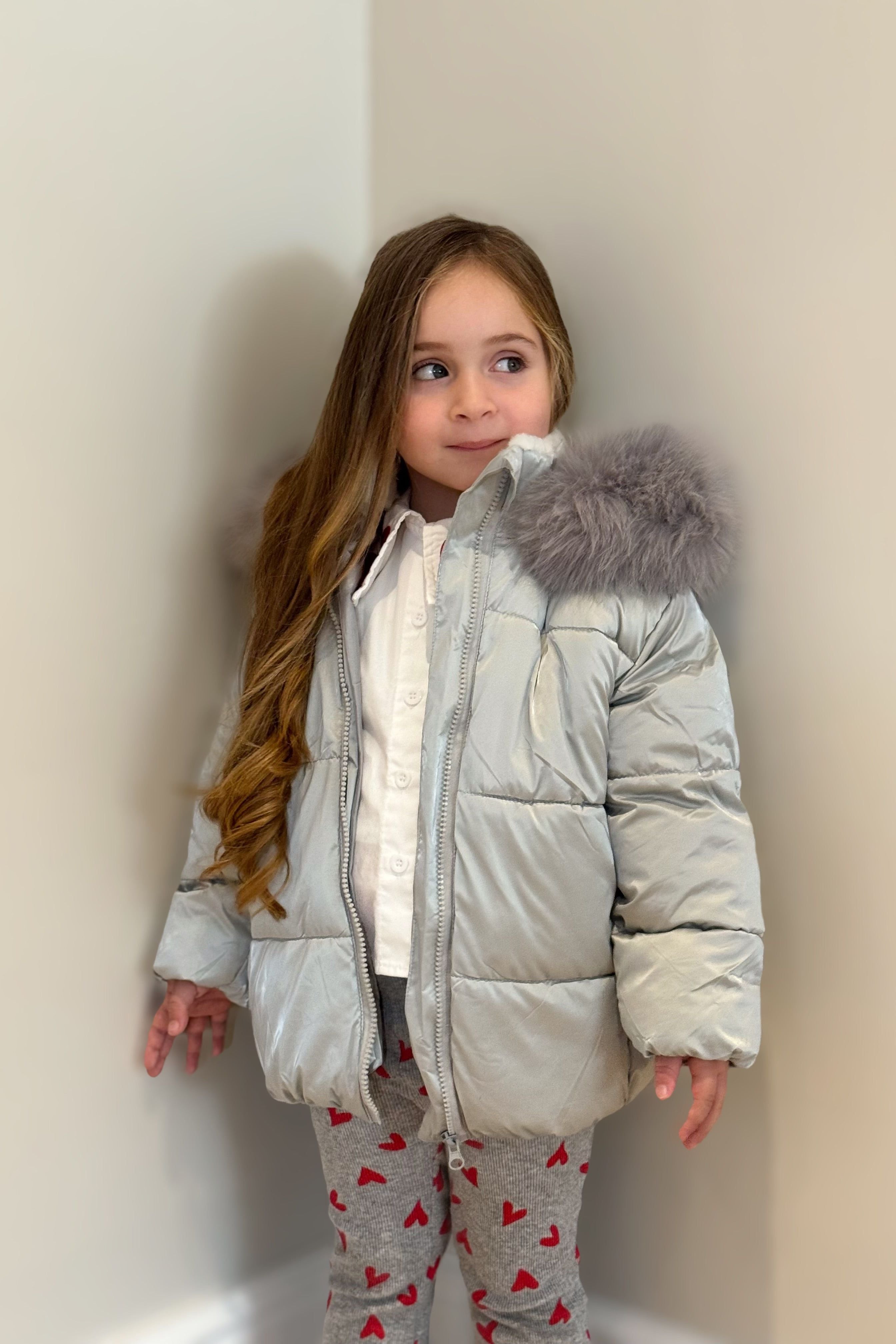 Girls Silver Metallic Fur Hood Coat