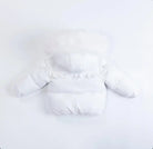 White baby puffer jacket with hood and ruffle detail on back isolated on white