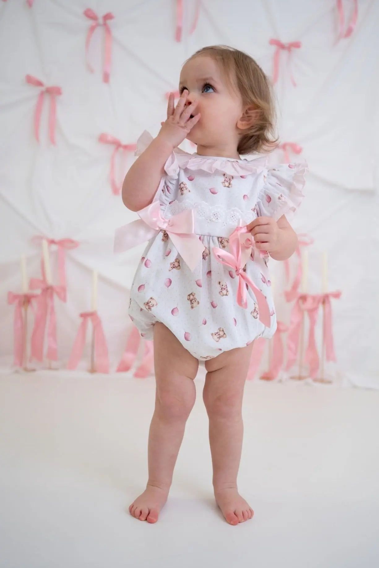 SS25 Baby Girls Pink Teddy Bear Romper Dainty Delilah