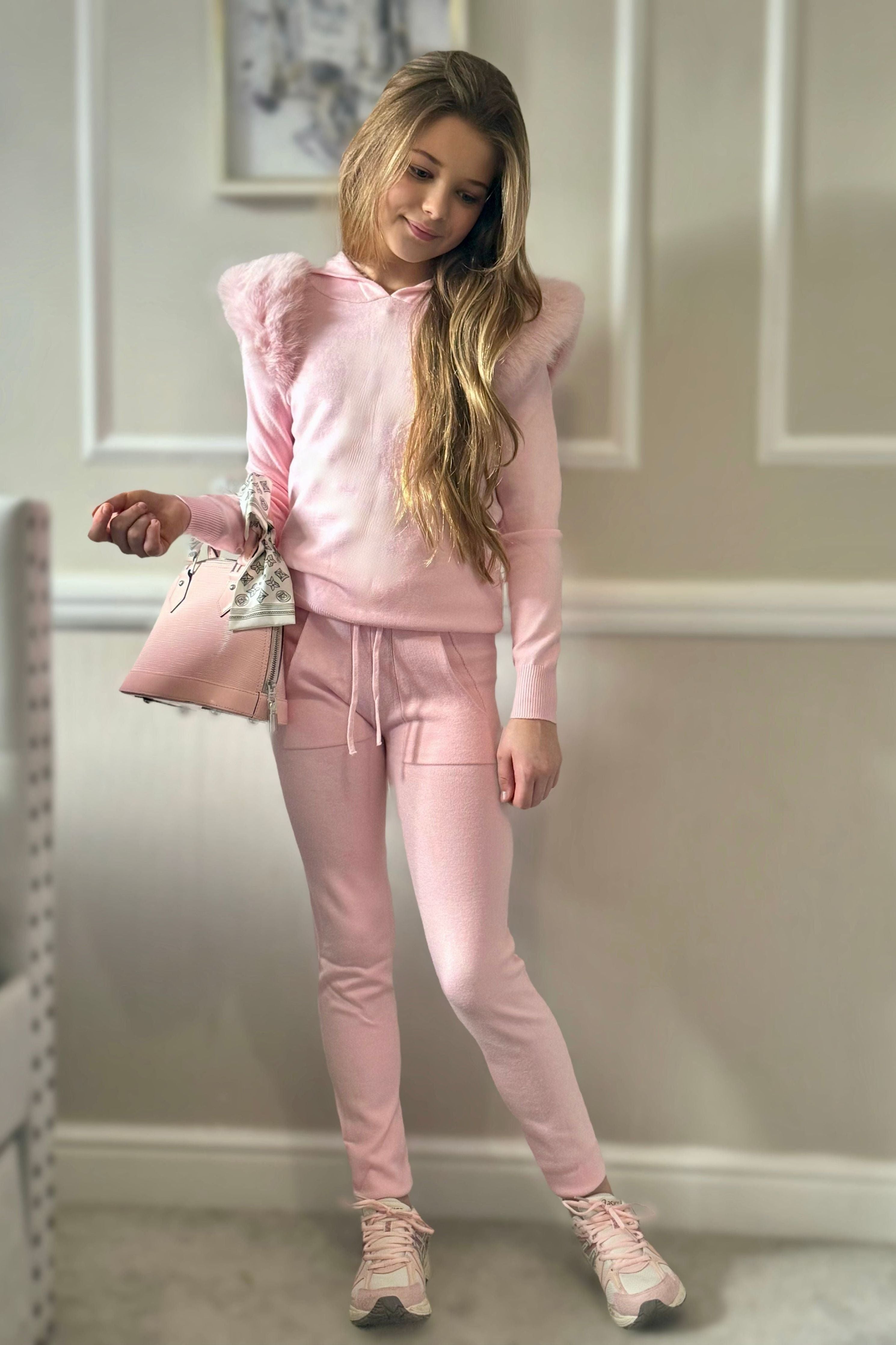 Girls Pink Fur Hooded Knitted Loungewear Set