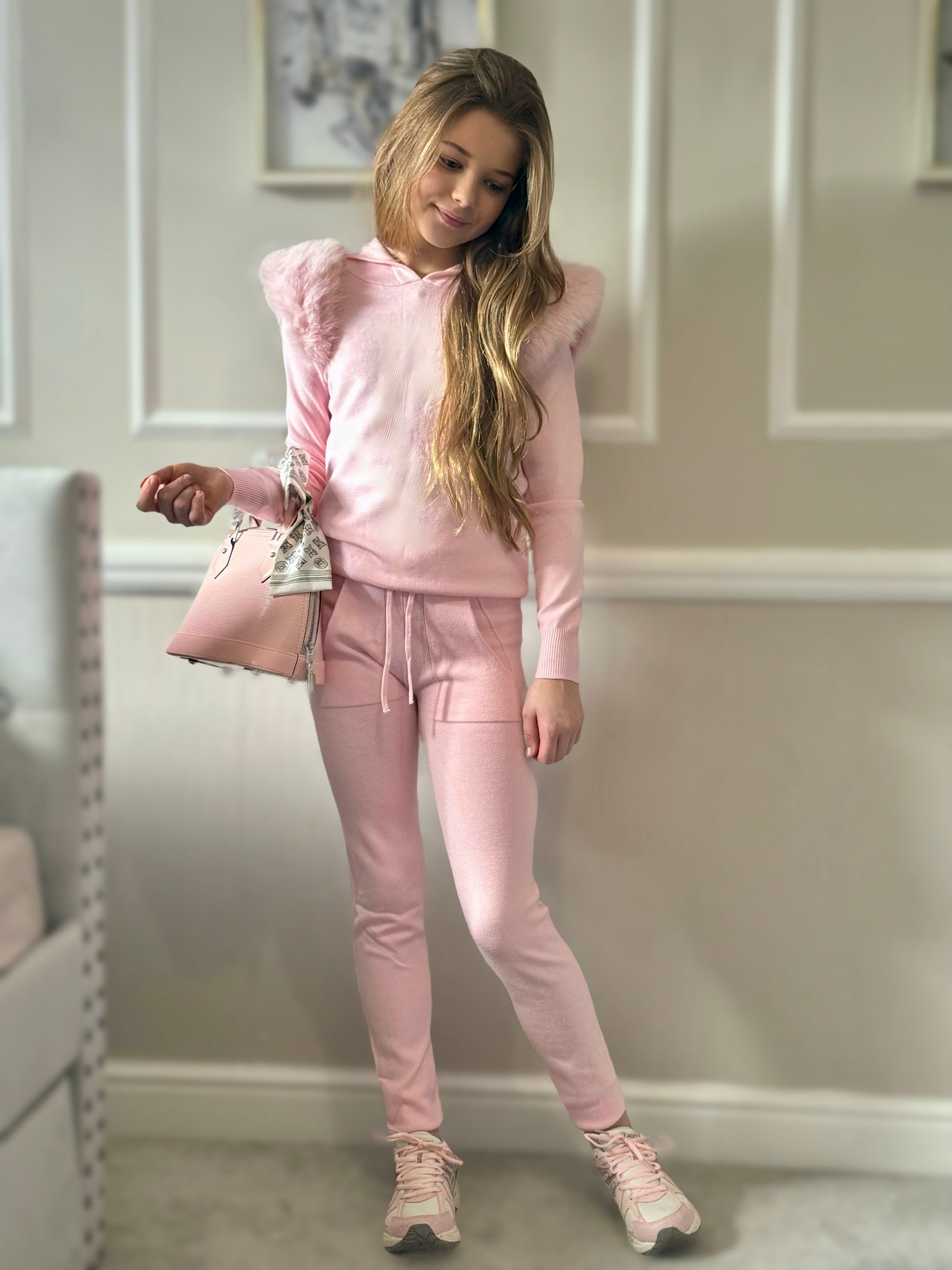 Girls Pink Fur Hooded Knitted Loungewear Set Dainty Delilah