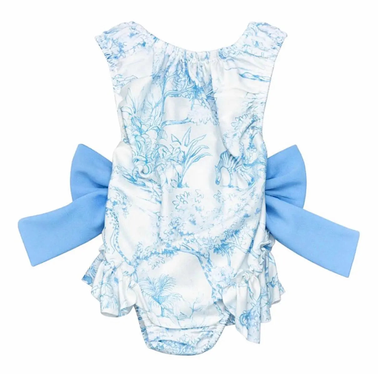 Girls Summer Blue Toile Frilly Bow Swimming Costume Dainty Delilah