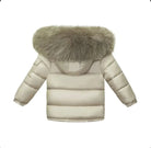 Beige puffer jacket with large gray fur-lined hood, padded winter coat, back view