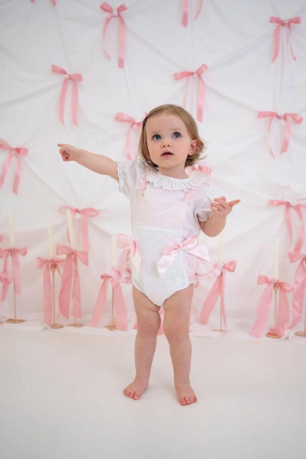 SS25 Baby Girls Pink Bow Romper Dainty Delilah