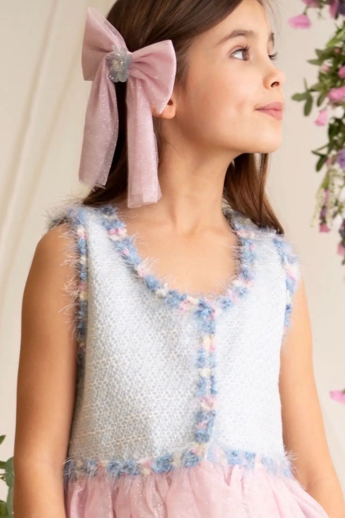 SS26 Naxos Girls Pink Bubblegum Tulle Lace Hair Bow Naxos