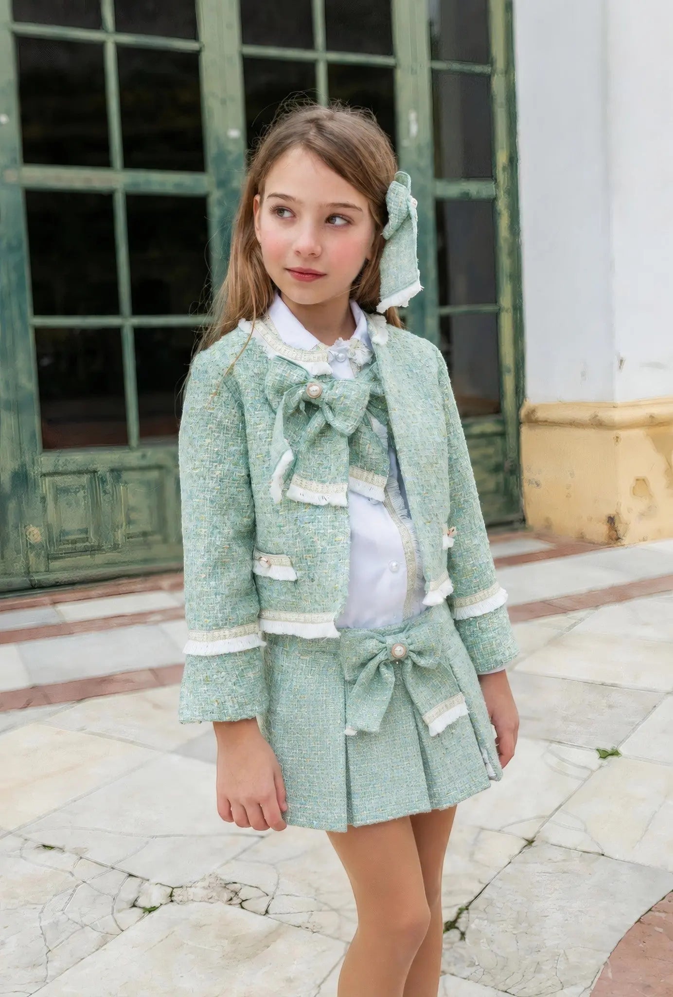 AW26 Naxos Emerald Tweed Blazer, Shirt & Skirt Set Naxos