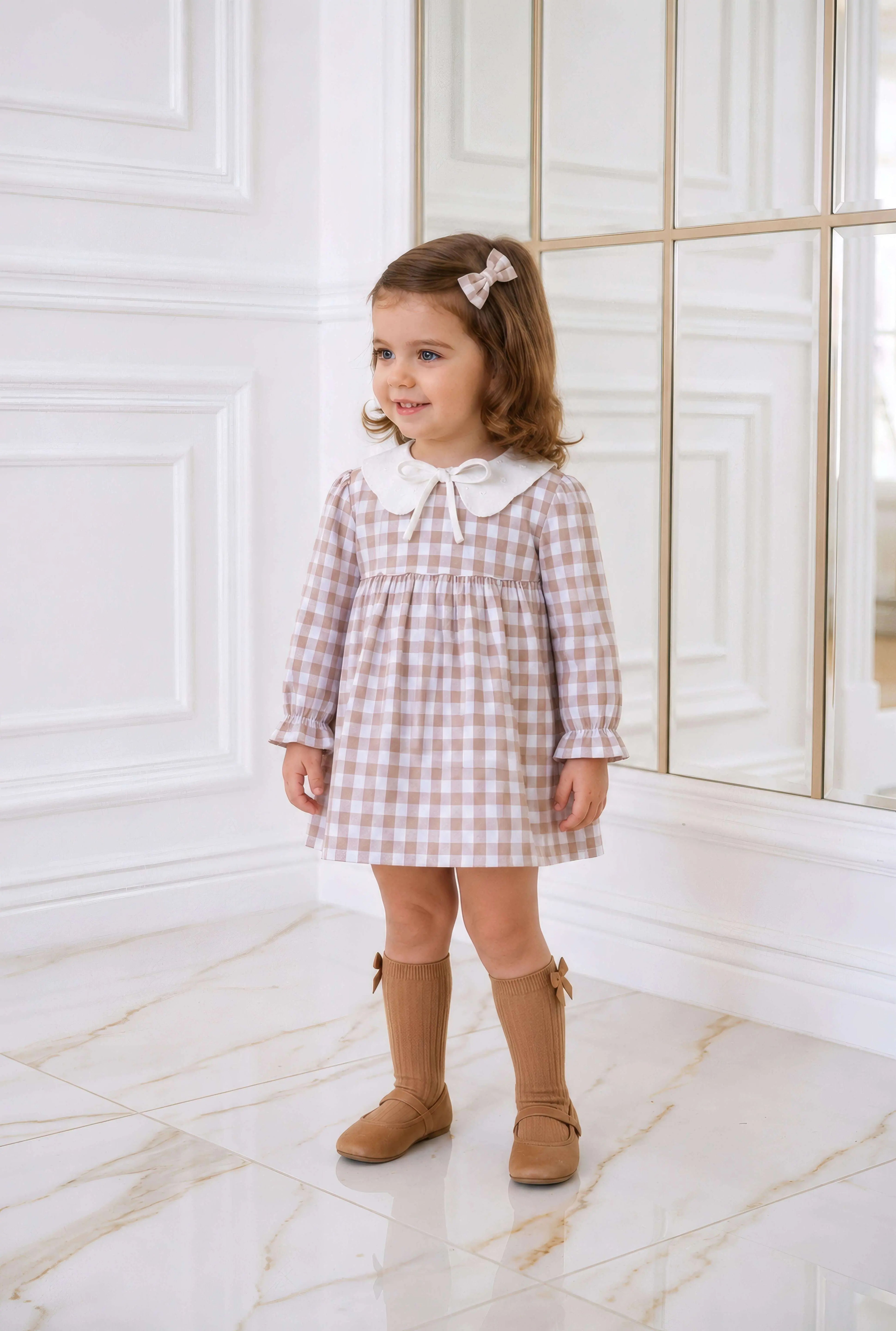 AW26 Miranda Baby Girls Beige Gingham Dress Miranda
