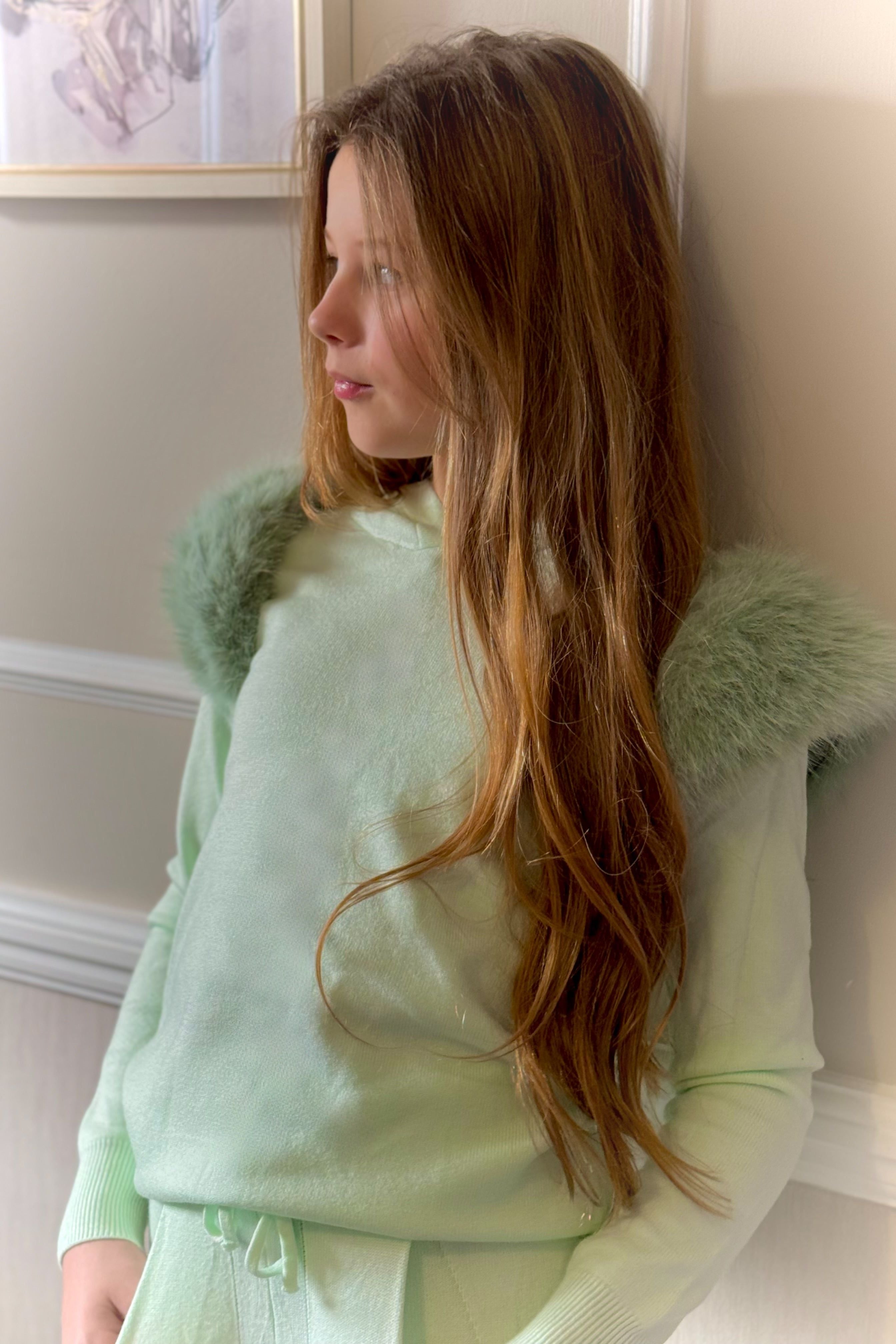 Girls Mint Fur Hooded Knitted Loungewear Set