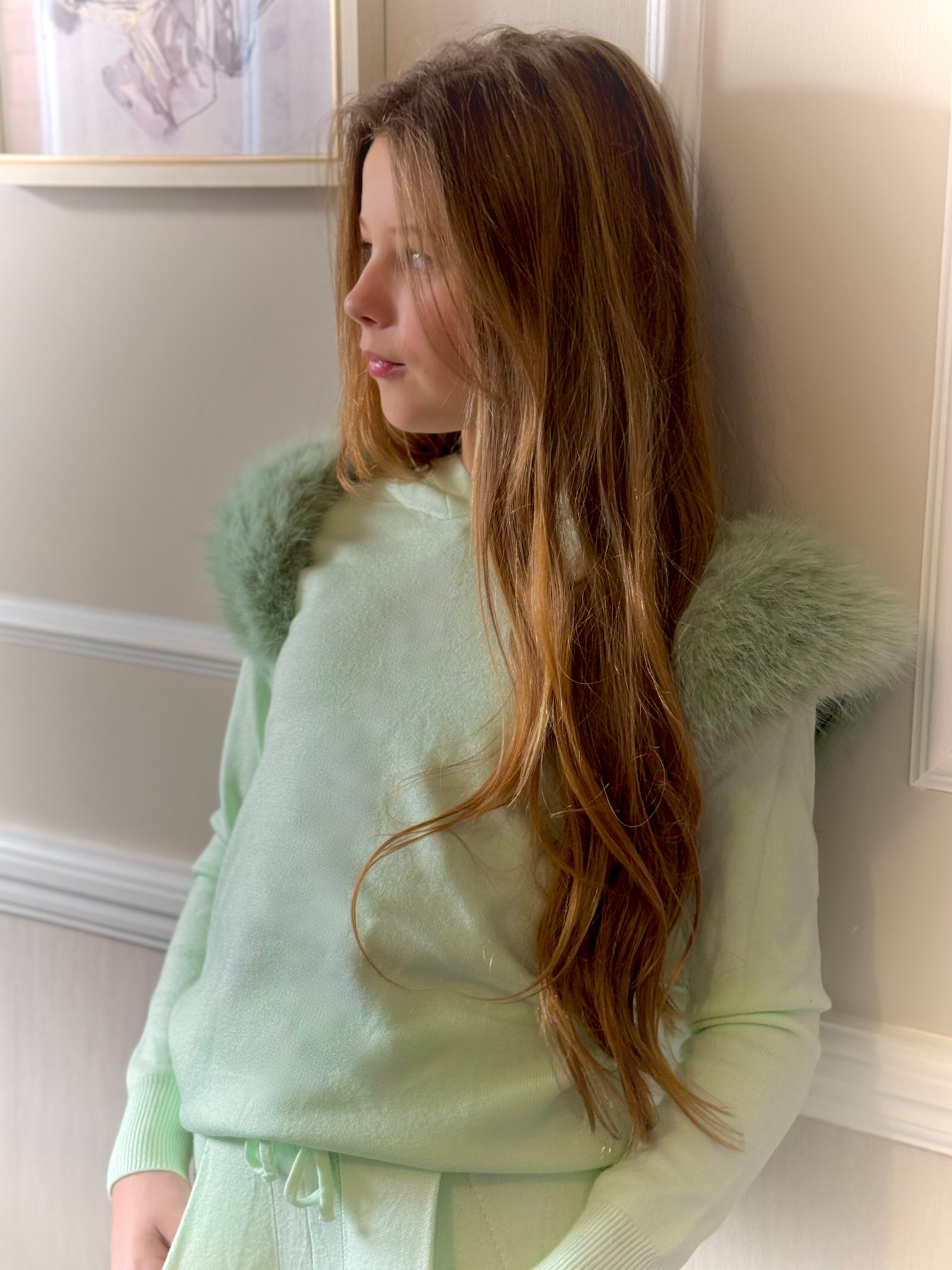Girls Mint Fur Hooded Knitted Loungewear Set Dainty Delilah