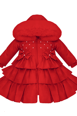 Girls Red Pearl Christmas Frilly Coat