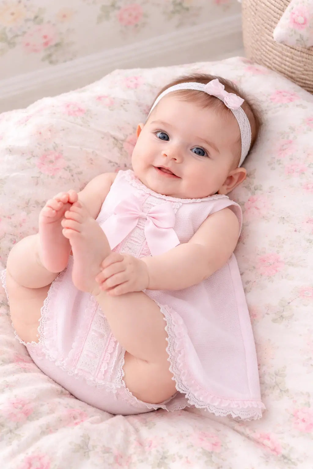 SS26 Baby Girls Pink Pique Ribbon Dress Dainty Delilah