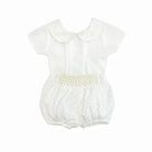 White baby boys short sleeve romper with peter pan collar and smocked waist detail