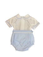 Baby girl pastel blue and white romper with lace collar and short sleeves