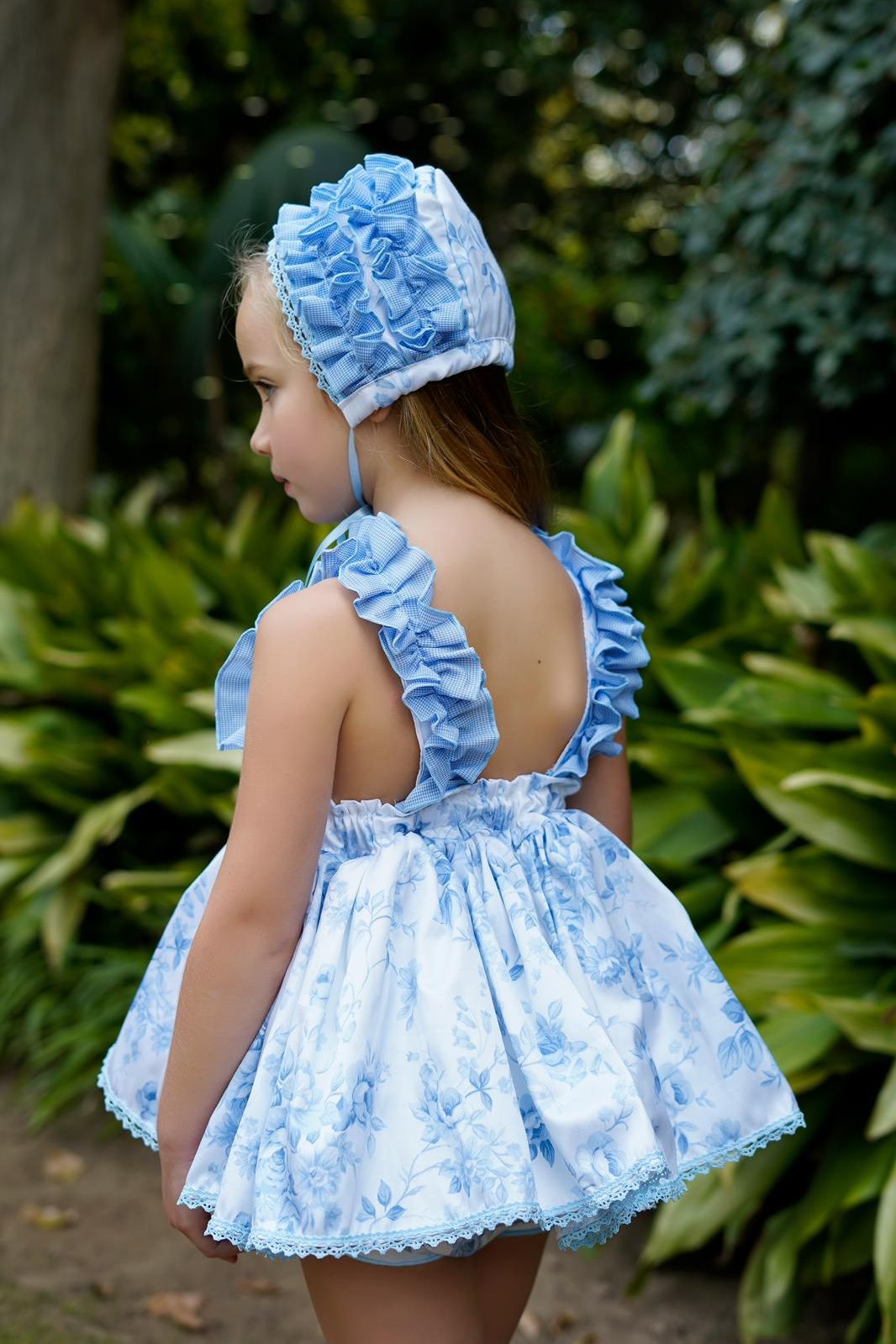 SS25 Ela Confeccion Blue Toile Dress, Knickers & Bonnet