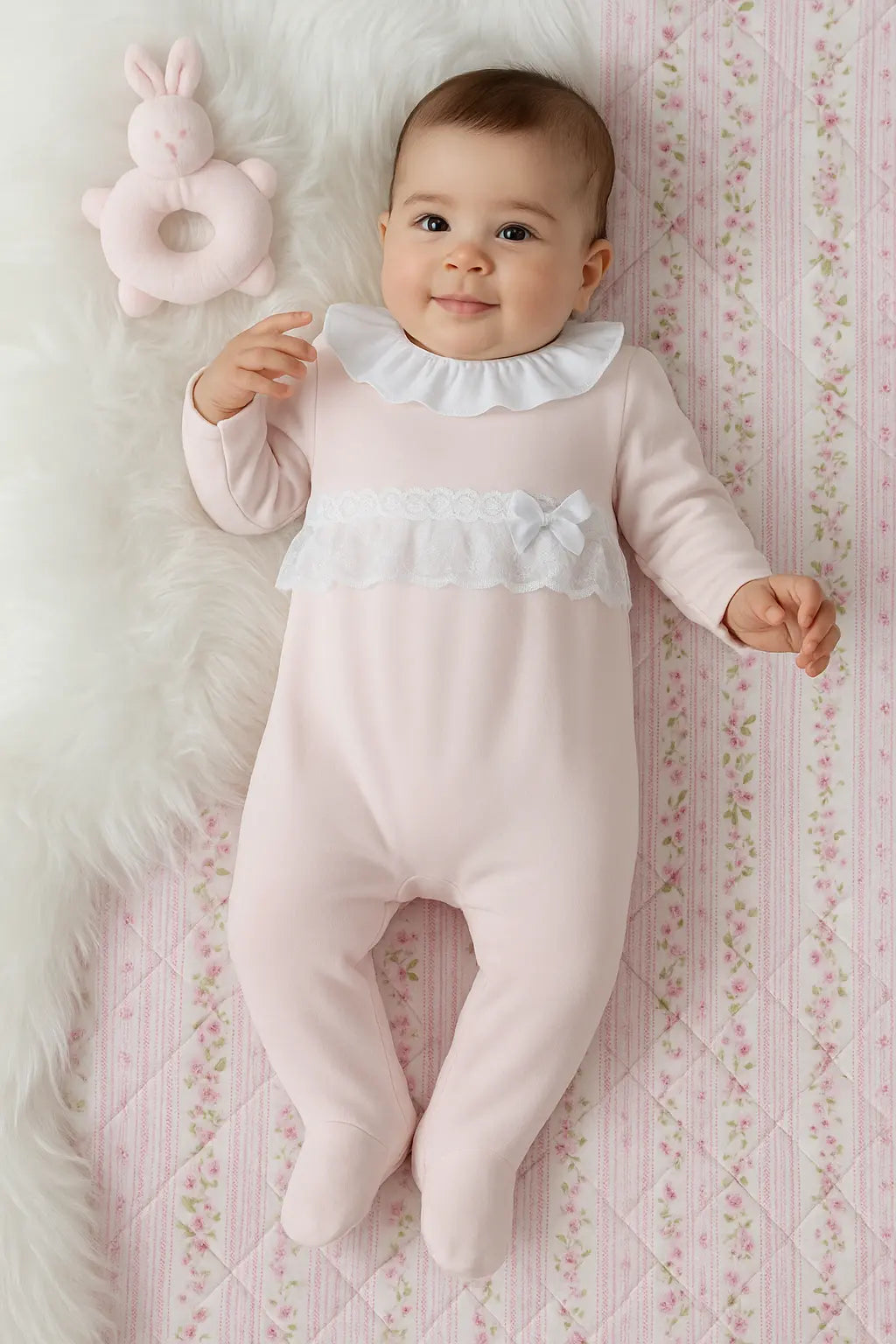 Spanish Baby Girls Pink Lace Babygrow Dainty Delilah